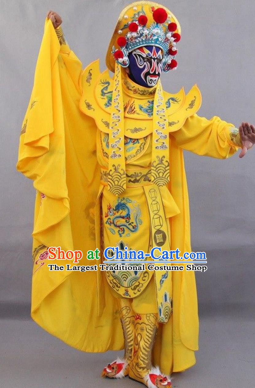Sichuan Opera Face Changing Costume Traditional Bian Lian Show Embroidery Yellow Outfit and Masks Complete Set