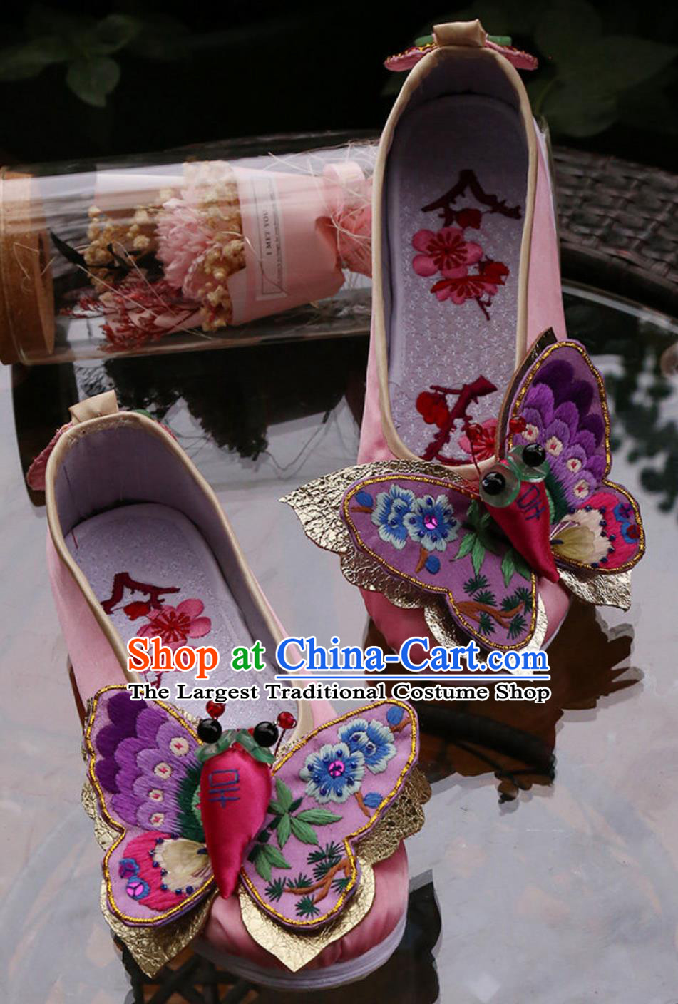 Intangible Cultural Heritage Embroidery Butterfly Pink Handmade Chinese Layered Sole Shoes