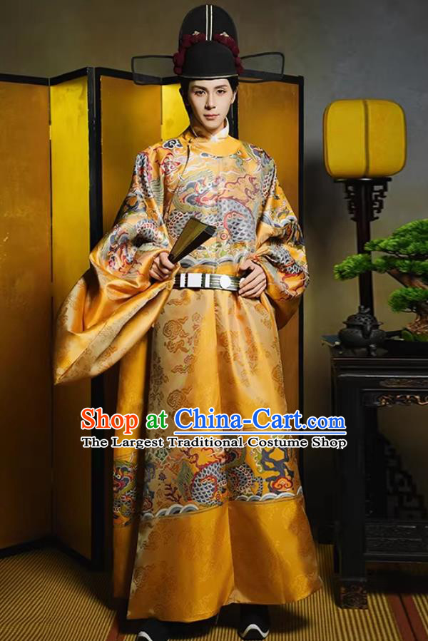 Ming Dynasty Round Collar Robe Traditional Mens Hanfu Mens Golden Brocade Chinese Style Wedding Official Attire