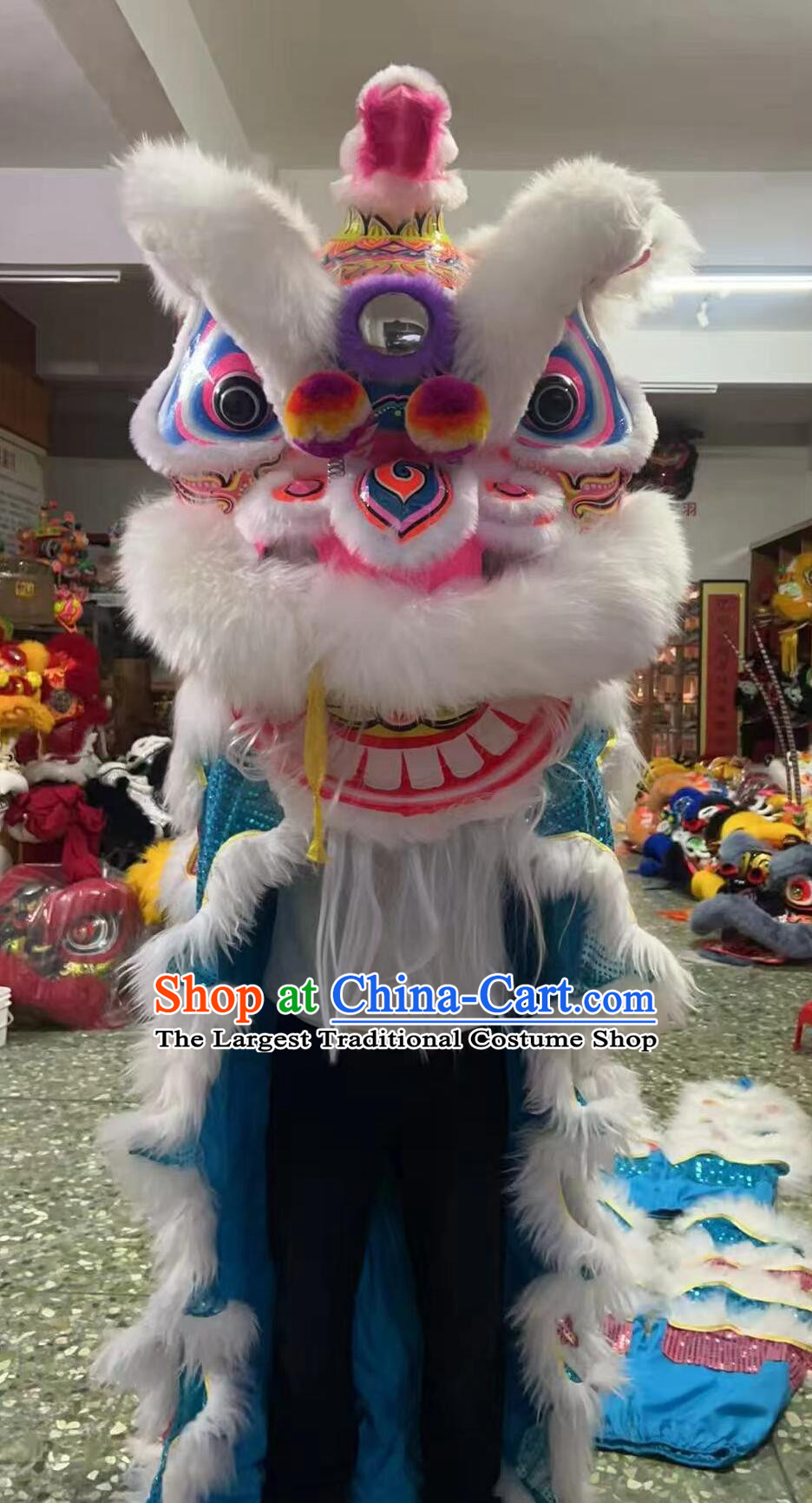 New Year White Wool Dancing Lion Costume Handmade Hok San Lion Head Traditional Chinese Lion Dance Equipment Complete Set