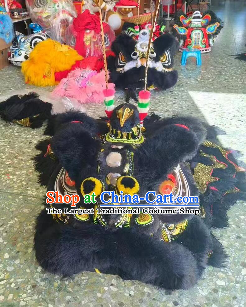 Handmade Lao Fu Zi Lion Head Traditional Chinese Lion Dance Equipment Black Wool Dancing Lion Costume Complete Set