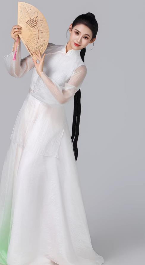 Chinese Classical Dance Dress Fan Dance Group Performance White Outfit