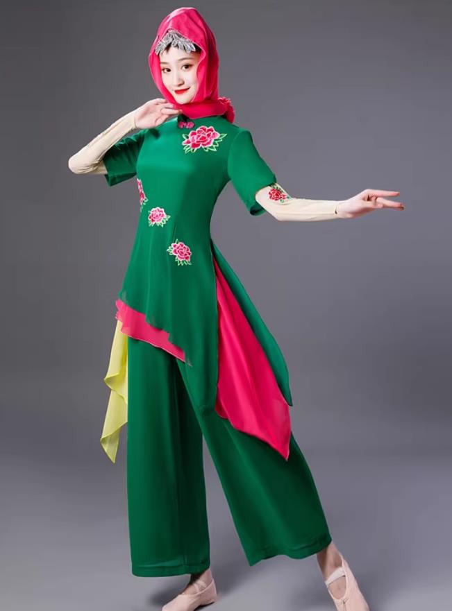 Chinese Hui Ethnic Folk Dance Costume Women Yangko Dance Green Outfit
