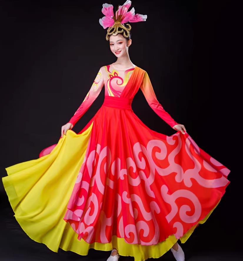 Chinese Classical Dance Costume Women Group Dance Large Dress