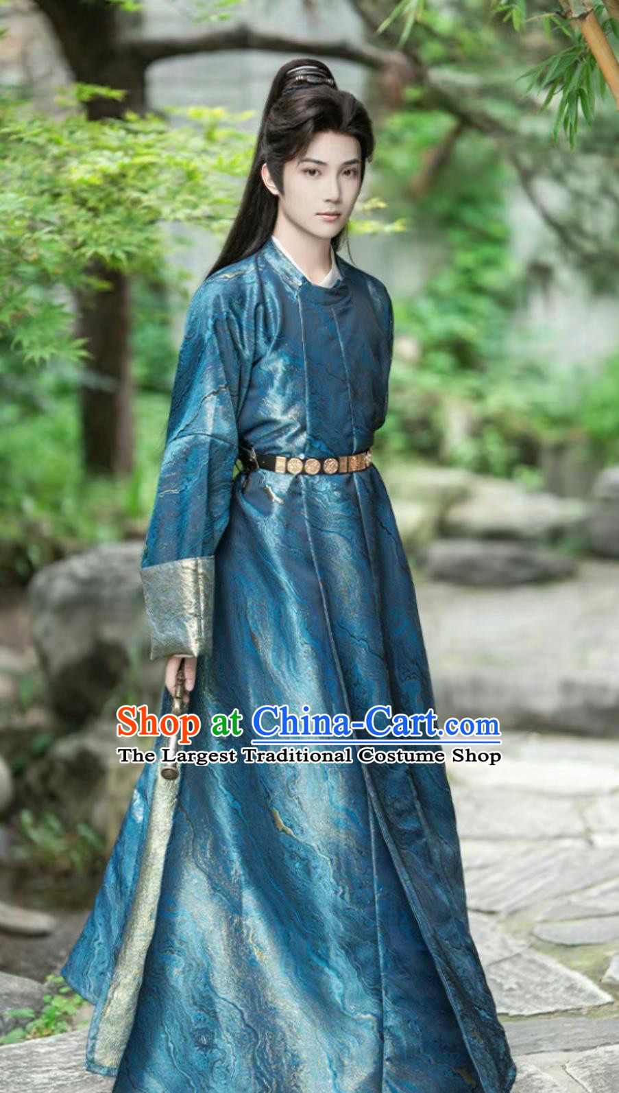 Tang Dynasty Swordsman Blue Robe Mens Hanfu Ancient Chinese Costume