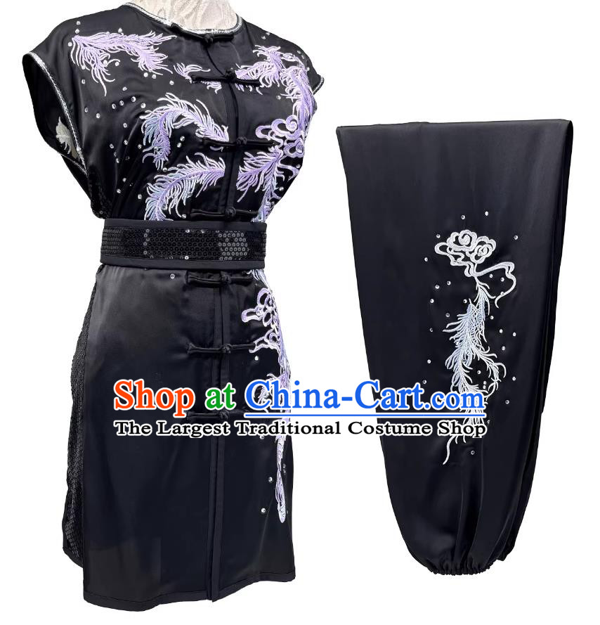 Embroidered Phoenix Tails Black Nanquan Suit Kung Fu Performance Uniform Custom Made Wushu Martial Arts Competition Costume