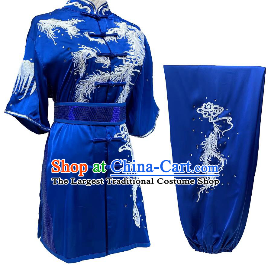 Wushu Taolu Performance Uniform Custom Made Martial Arts Competition Costume Embroidered Phoenix Tails Royalblue Changquan Suit