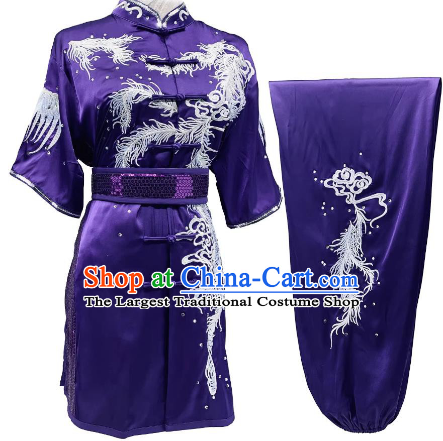 Embroidered Phoenix Tails Purple Changquan Suit Wushu Taolu Performance Uniform Custom Made Martial Arts Competition Costume