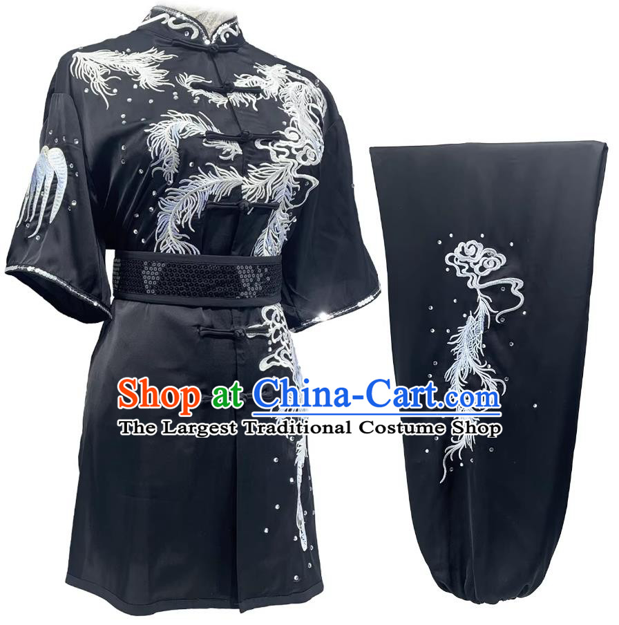 Black Wushu Taolu Clothing Embroidered Phoenix Tails Changquan Suit Custom Made Martial Arts Competition Costume