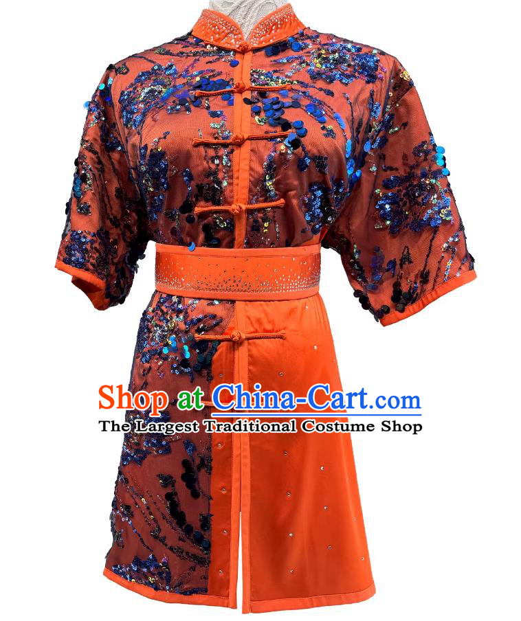 Embroidered Sequins Fabric Martial Arts Clothing Changqun Performance Costume Wushu Tournament Orange Uniform