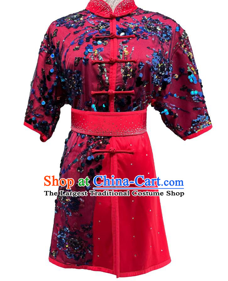 Wushu Tournament Red Uniform Embroidered Sequins Fabric Martial Arts Clothing Changqun Performance Costume