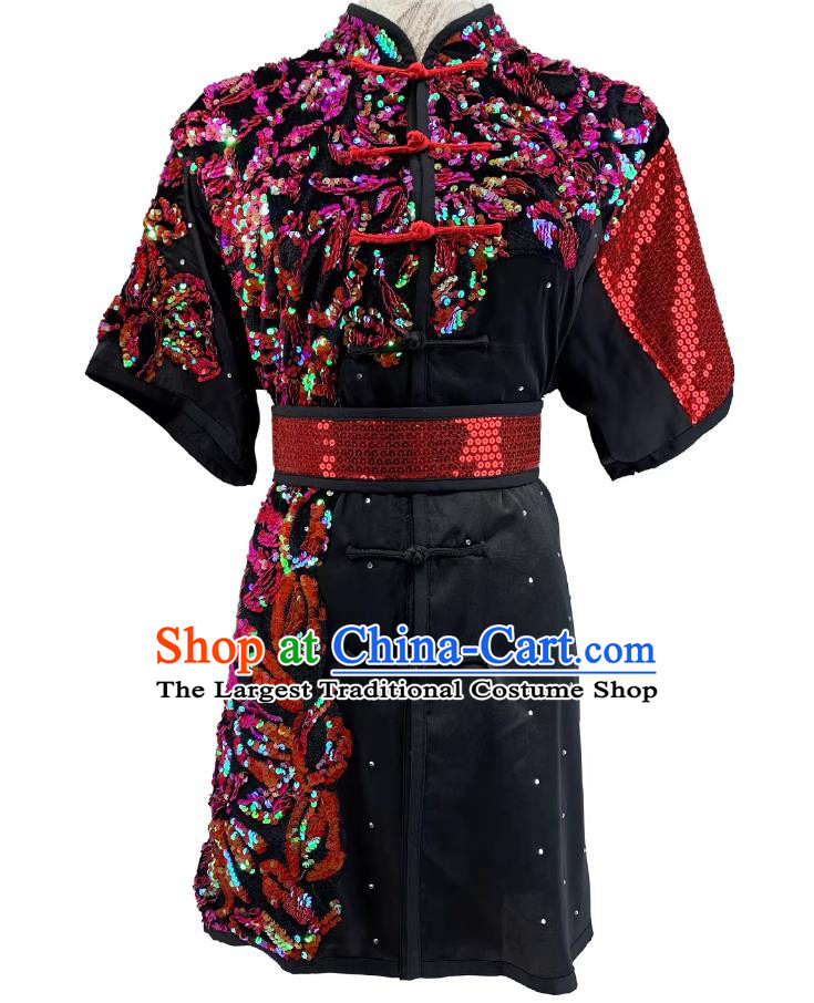 Embroidered Sequins Martial Arts Clothing Kung Fu Changqun Performance Costume Wushu Tournament Black Uniform