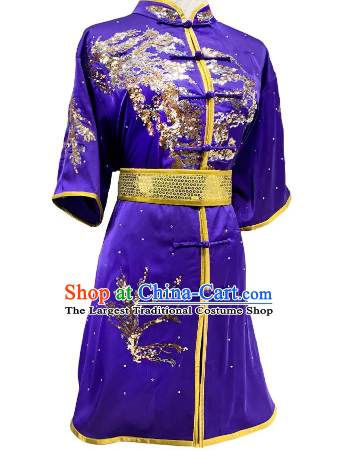 Wushu Tournament Purple Changquan Uniform Sequins Embroidery Martial Arts Clothing Kung Fu Performance Costume