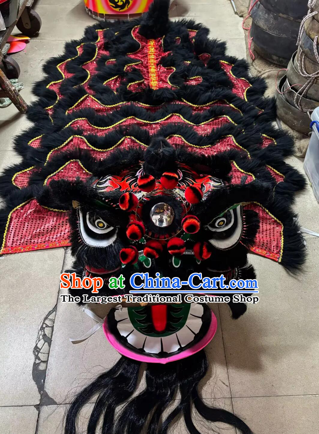 Traditional Chinese Lion Dance Prop Handmade Guan Gong Lion Head and Costume for Children