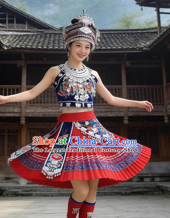 Miao Ethnic Minority Dance Costume Set For Women Summer Red Performance Outfit March Third Festival Dress