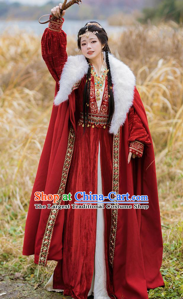 Grassland Princess Embroidered Red Hanfu Winter Traditional Chinese Costume