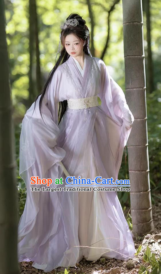 Ancient Chinese Fairy Light Purple Wide Sleeve Hanfu Traditional Chinese Clothing Complete Set
