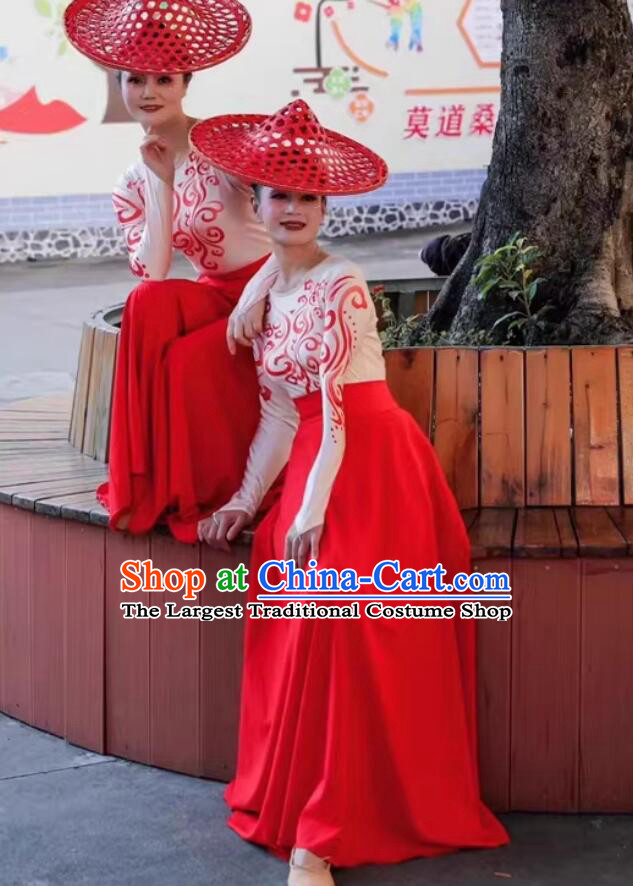 Coral Praise Dance Performance Costume Women Group Dance Outfit Ethnic Folk Dance Attire and Red Bamboo Hat