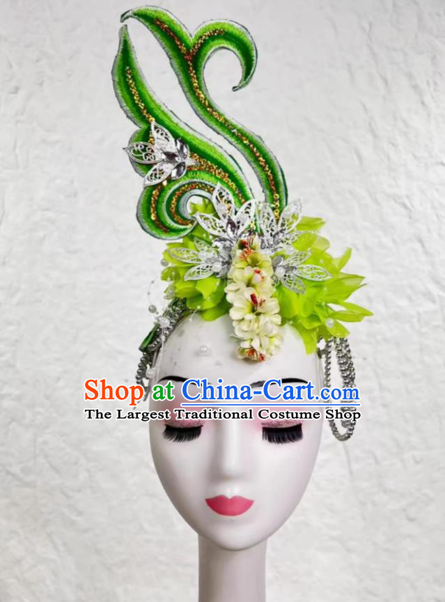Large Gala Green Hair Flower Opening Dance Headdress Accessory Modern Dance Classical Dance Headpiece