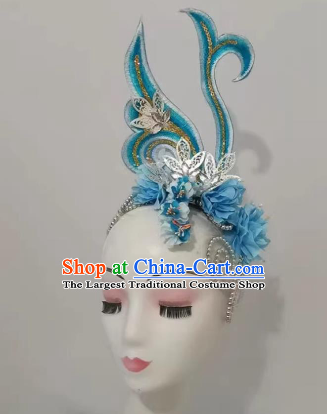 Large Gala Blue Hair Flower Opening Dance Headdress Accessory Modern Dance Classical Dance Headpiece
