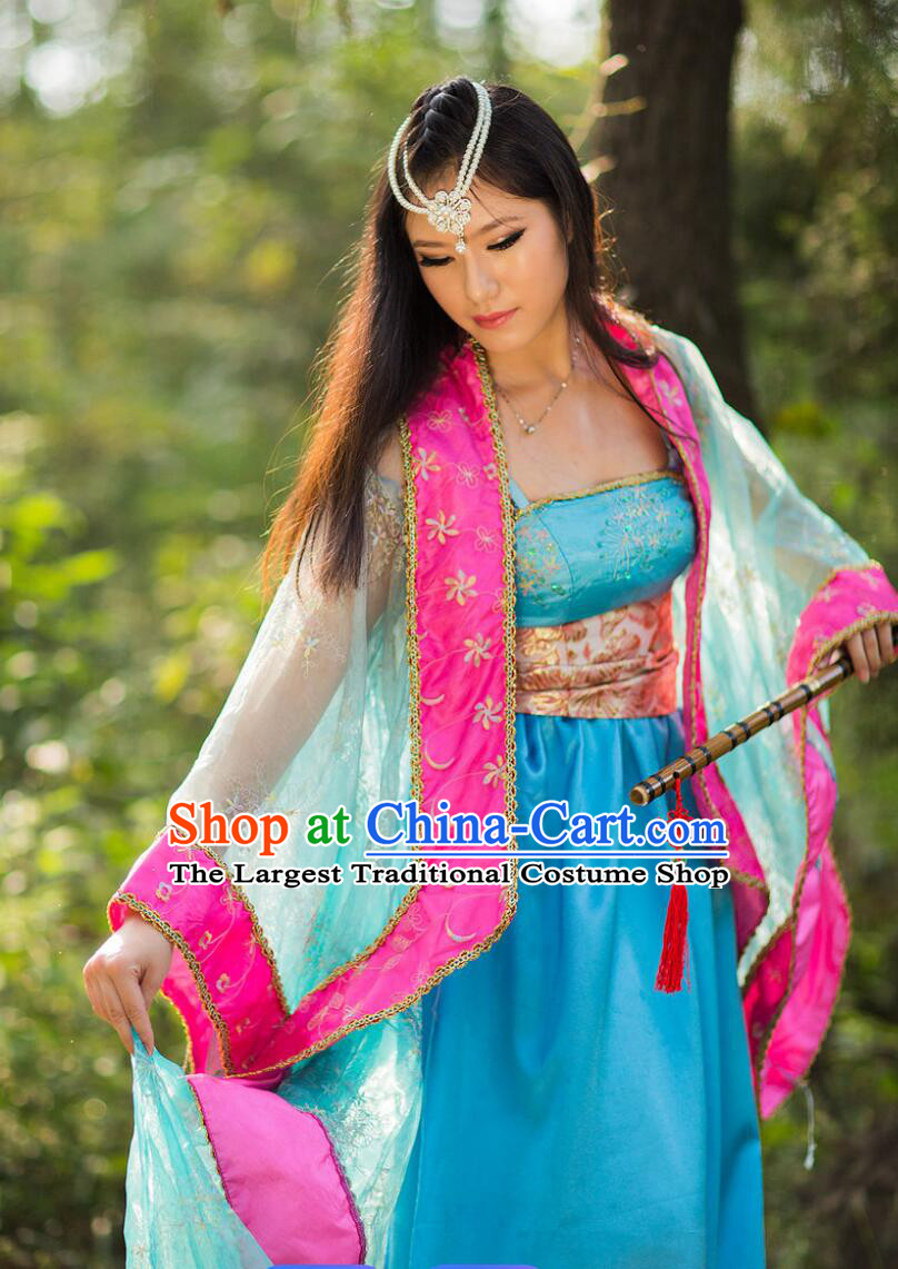 Traditional Fairy Blue Hanfu Dress Chinese Tang Dynasty Woman Costume