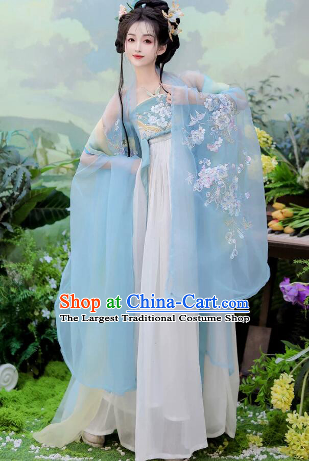 Ethereal Tang Dynasty Hanfu Dress Women Blue Qixiong Ruqun with Poqun Skirt Traditional Chinese Clothing