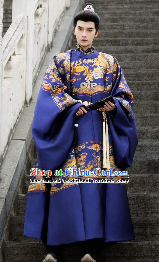 Ming Dynasty Blue Round Collar Robe Men Gold Woven Brocade Yuanlingpao Traditional Chinese Clothing