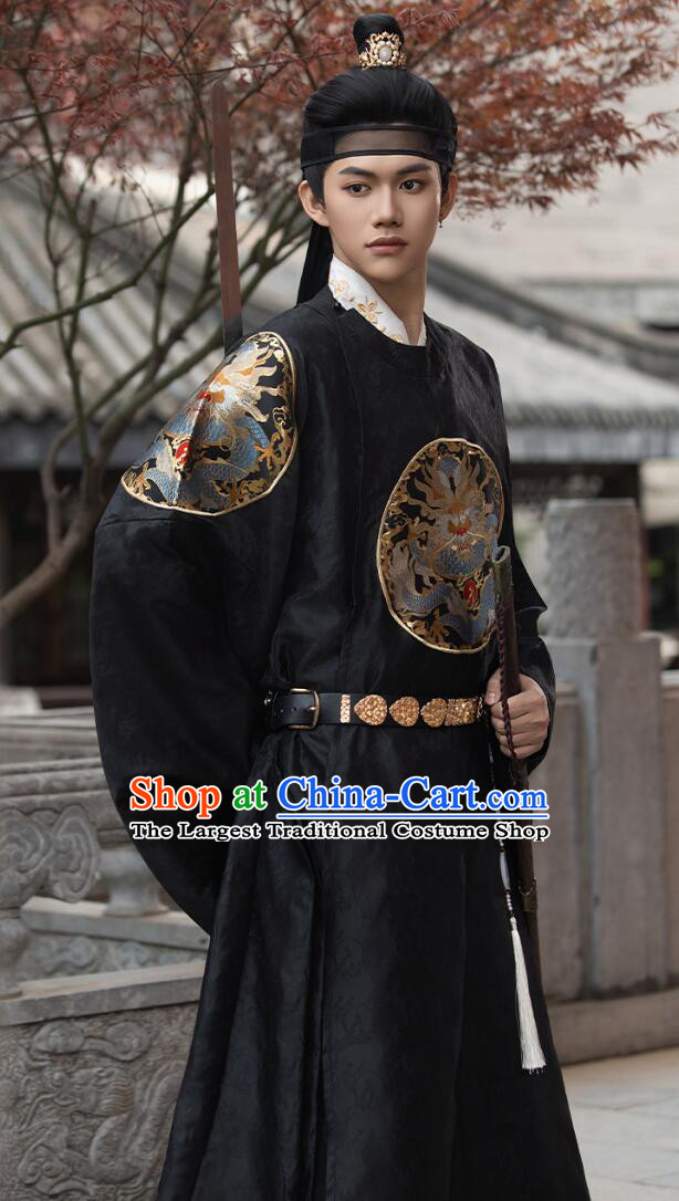 Traditional Chinese Black Hanfu Tang Dynasty Round Collar Robe Ancient Style Costume