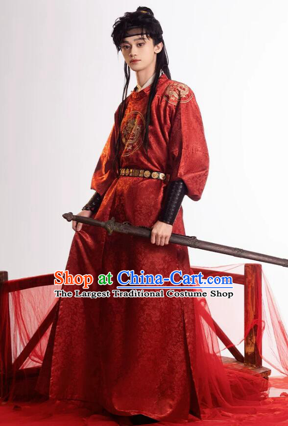 Ancient Style Costume Traditional Chinese Red Hanfu Tang Dynasty Warrior Round Collar Robe