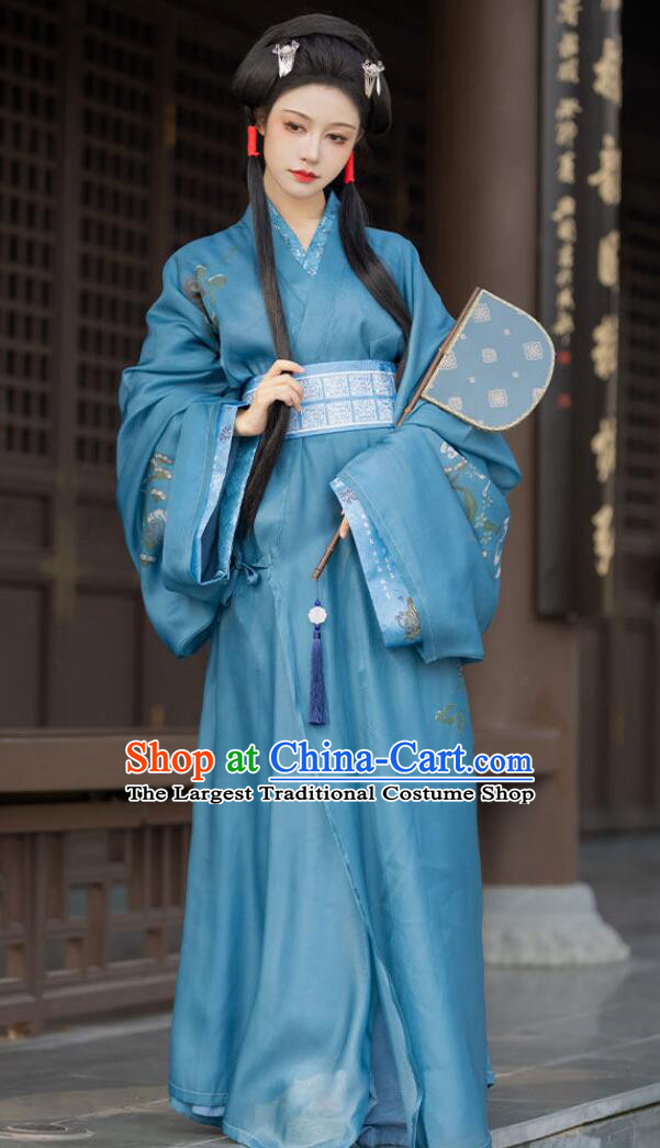 Warring States Period Straight Hem Robe for Women Blue Zhiju Hanfu Dress Traditional Chinese Costume